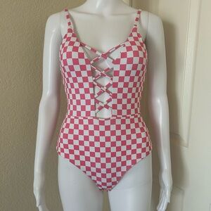 Dippin' Daisy's Bliss Bathing Suit One Piece Checkered Pink and White Swimsuit M